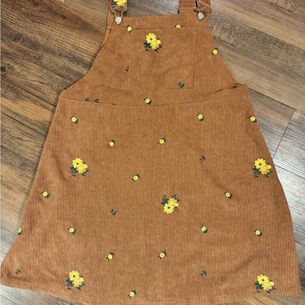 SHEIN Jumper Dress Women's 1XL Brown Yellow Floral Corduroy NWT Front Pocket
